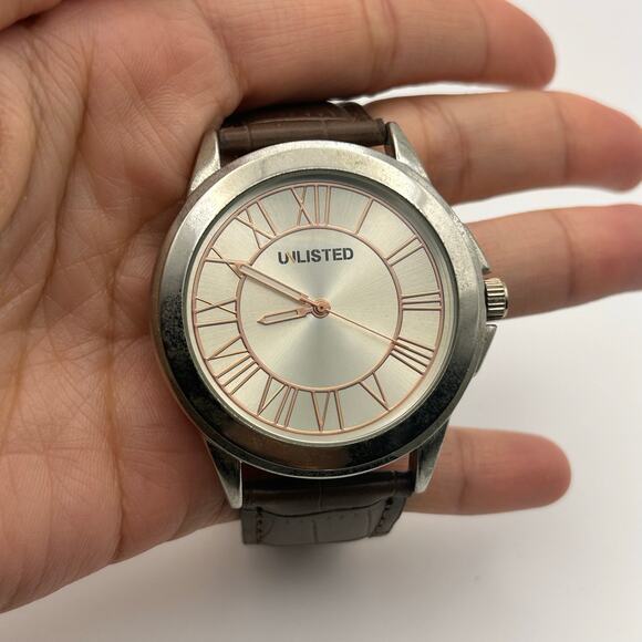 UNLISTED UL1295 Silver Tone Brown Leather 42mm Men’s Watch Working - Picture 4 of 8